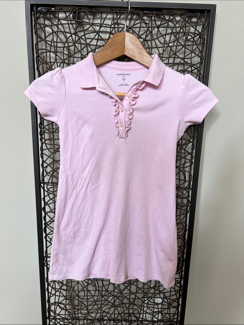 Lands' End Girls Pink Ruffle Polo Dress short sleeve 100% Cotton preppy size 6